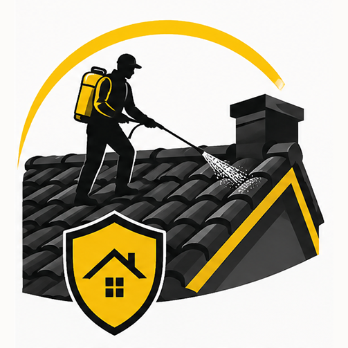 Illustration d'un technicien appliquant un traitement préventif contre les guêpes sur une toiture.